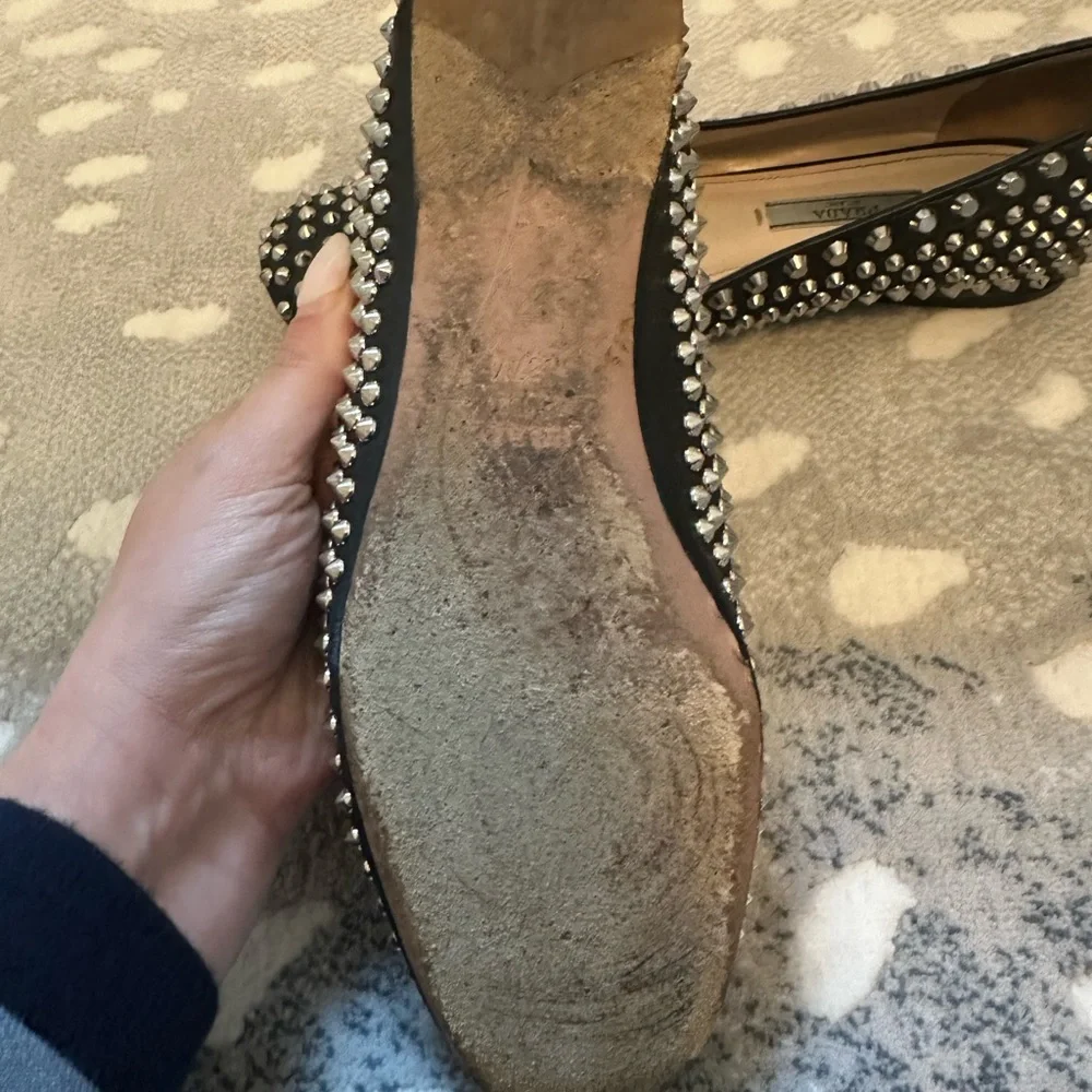 Prada Black Leather Studded Flat Loafers, 37.5 - Picture 5 of 5